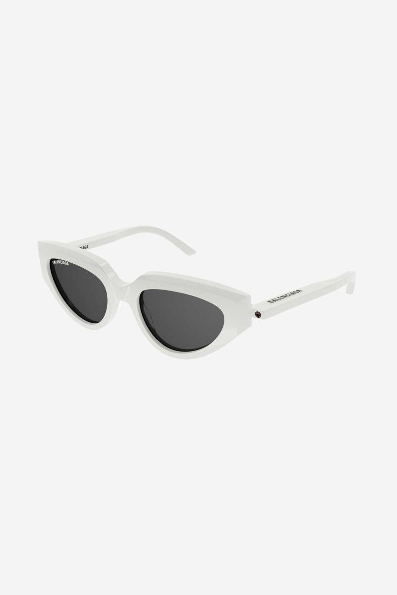 White cat eye sunglasses with black logo – high relief logo on left temple with white padprinting – LUX VERSE Luxury Designer Fashion Outlet
