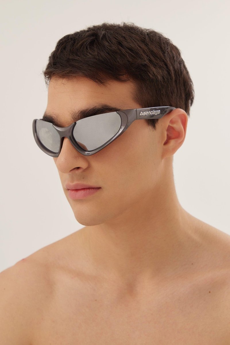 Xpander silver BB0202s-002 wrap around sunglasses – high relief metallic logo is prominently stamped on the middle of – LUX VERSE Luxury Designer Fashion Outlet