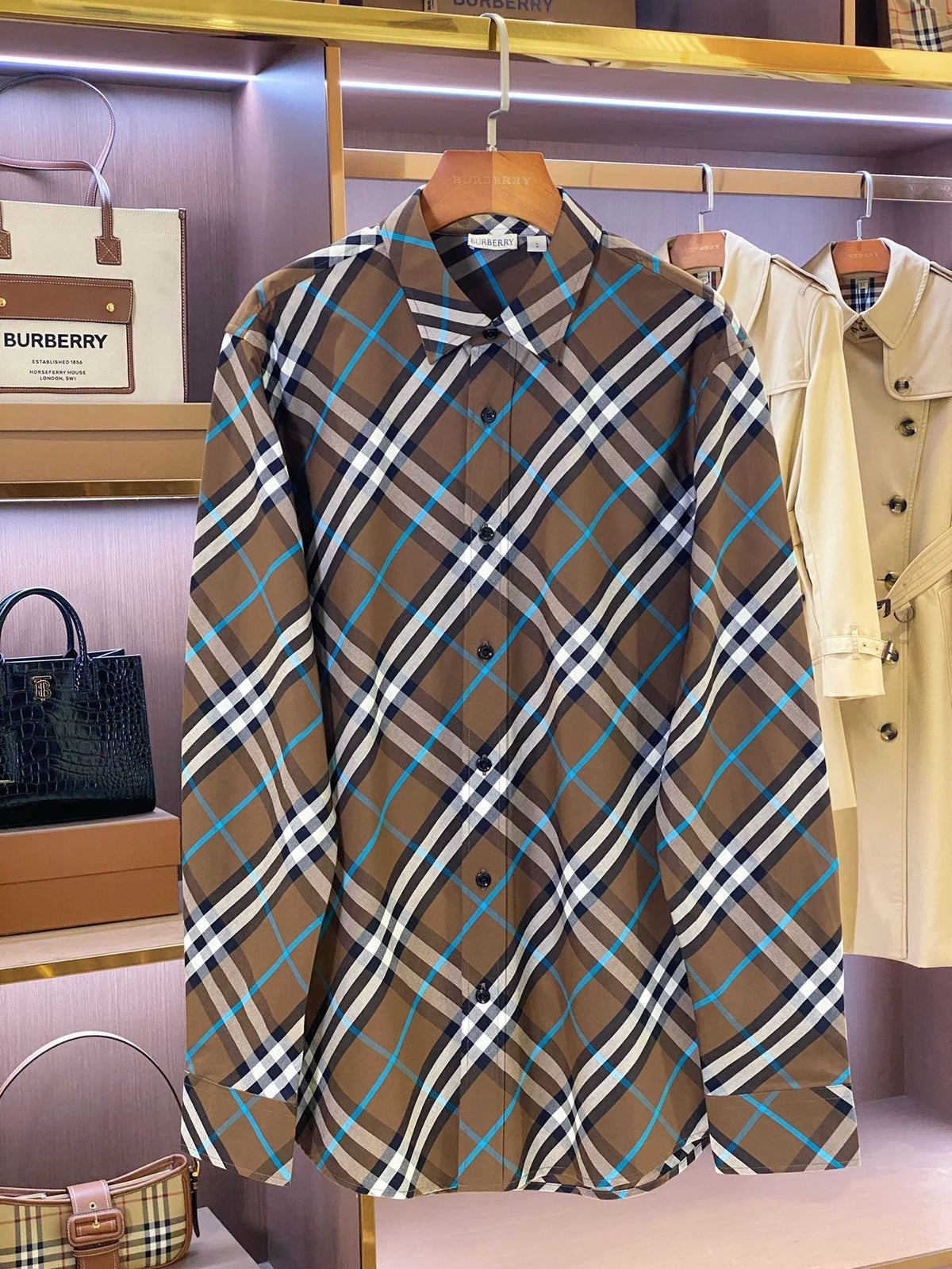 Beige Cotton Tartan Long-Sleeve - Men's