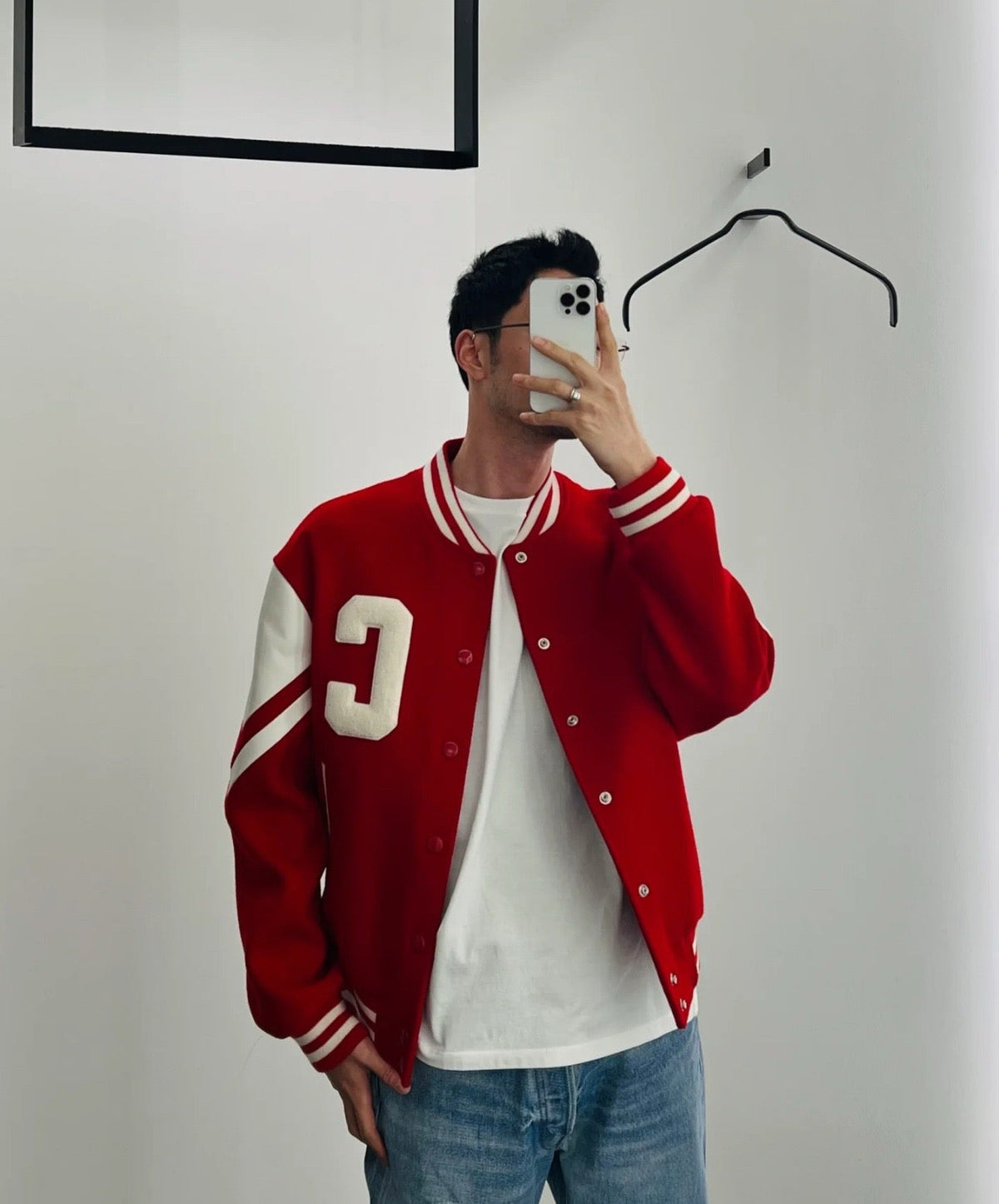 Black Wool Contrast Sleeve Varsity - Men's