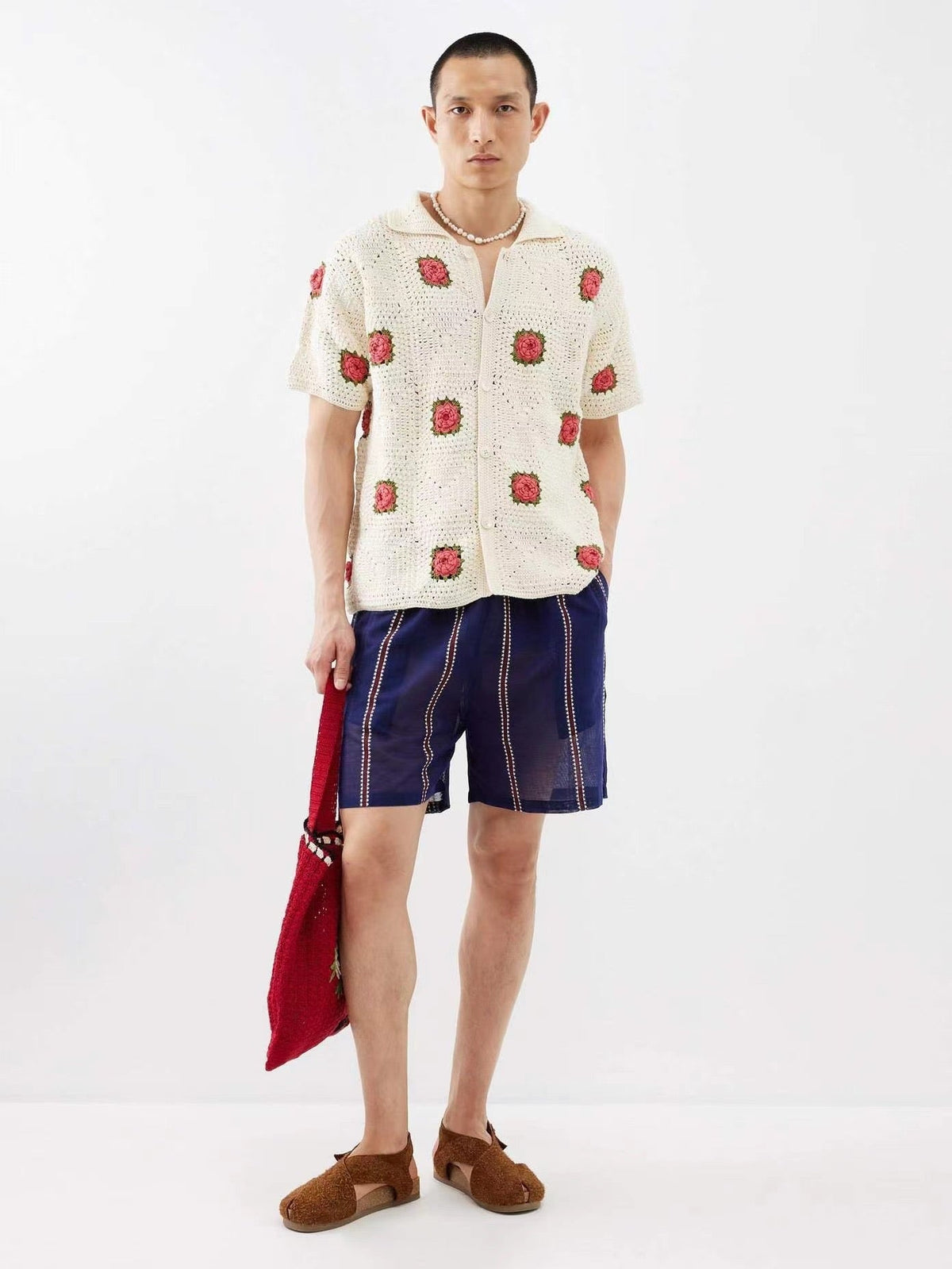 Red Square Crochet Knit Shirt - Men's