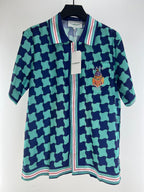 Teal Checkerboard Print Silk Shirt - Men's