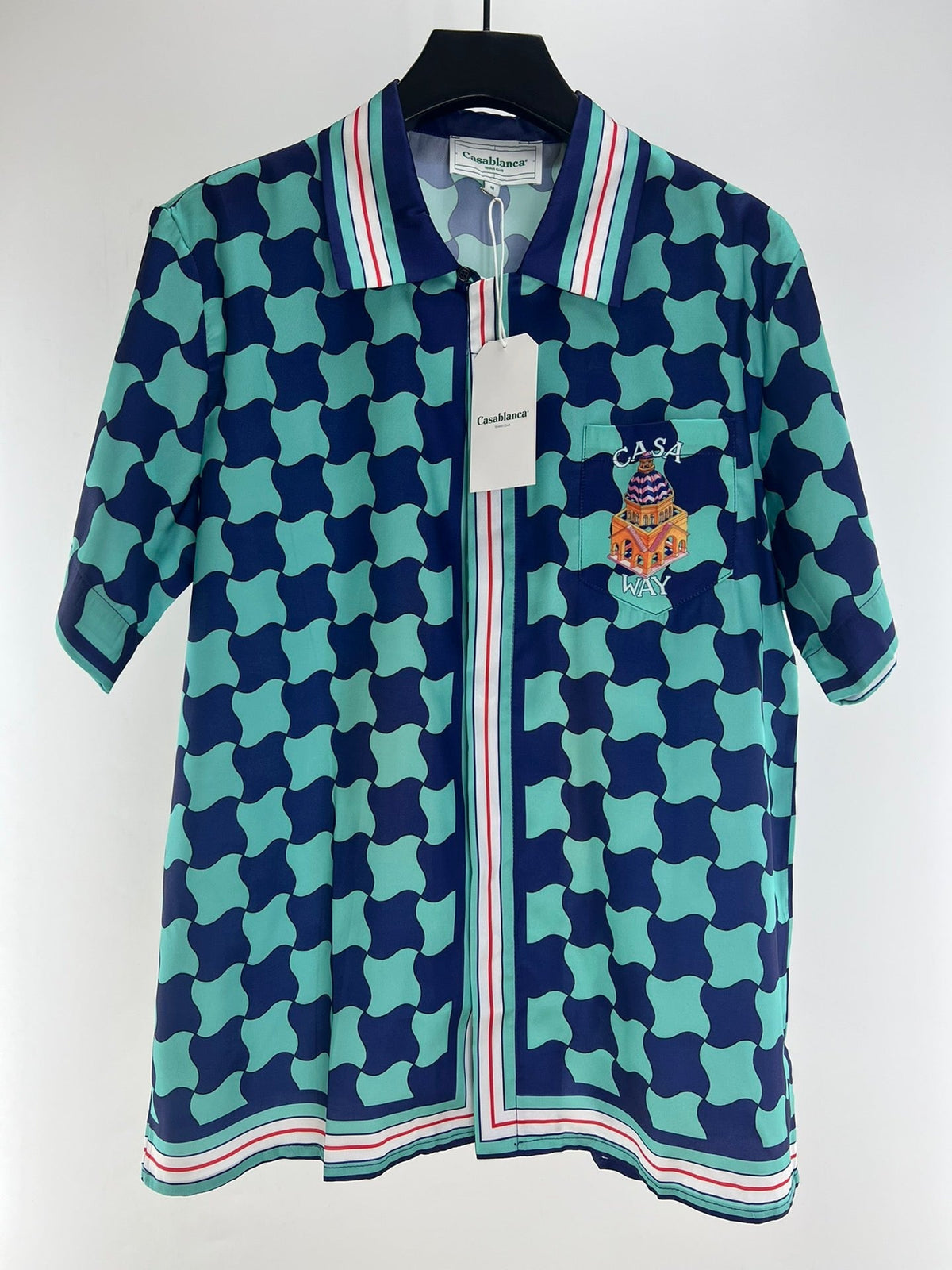 Teal Checkerboard Print Silk Shirt - Men's