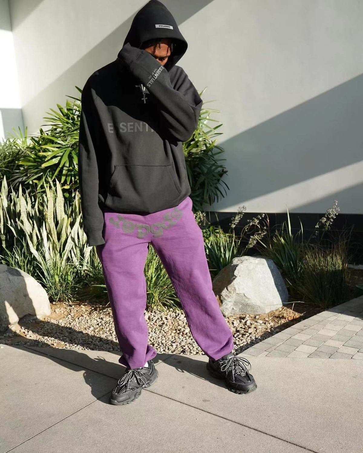 Purple Cotton Tonal Text Joggers - Men's