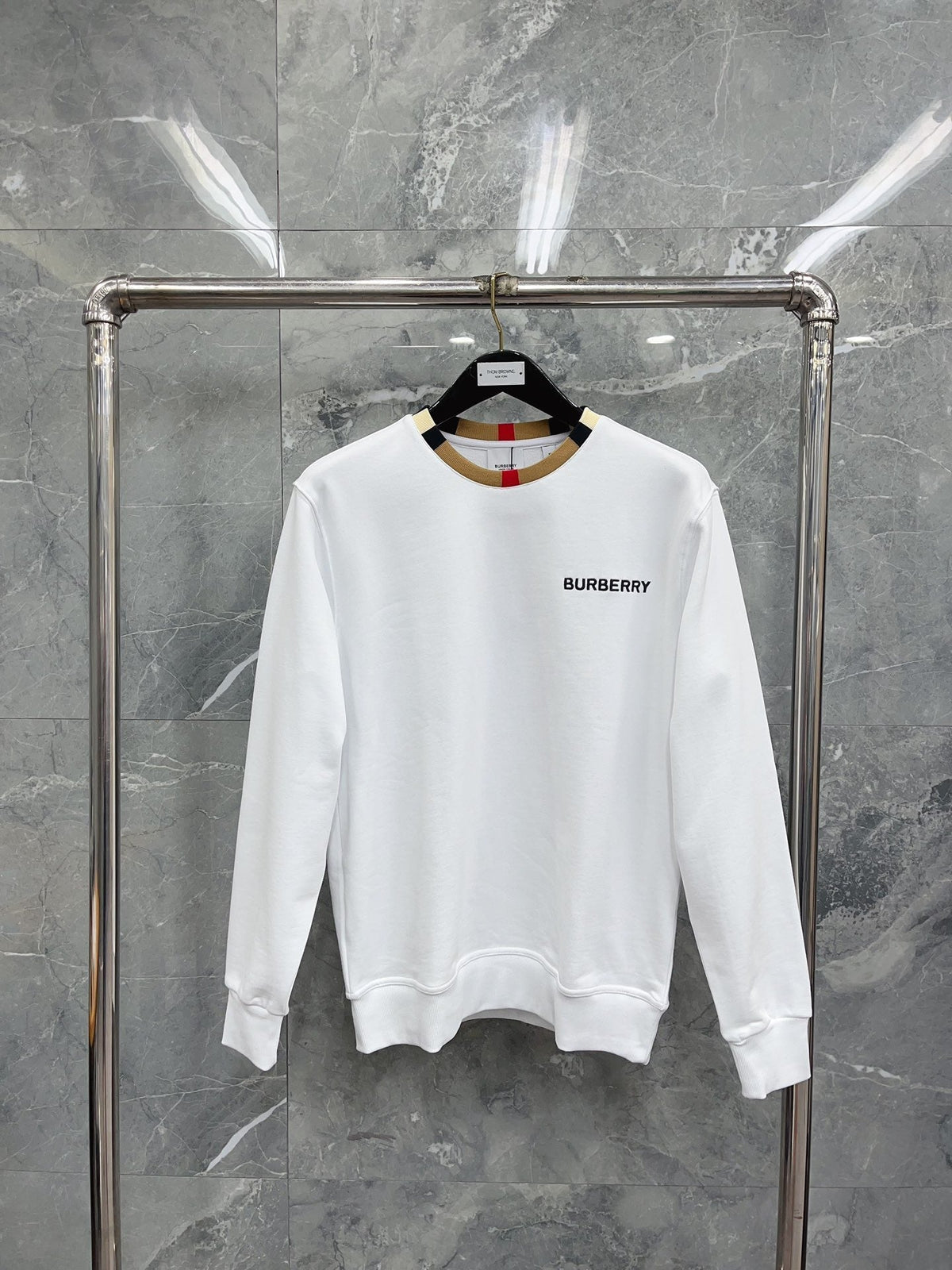 White Cotton Contrast Collar Crewneck - Men's