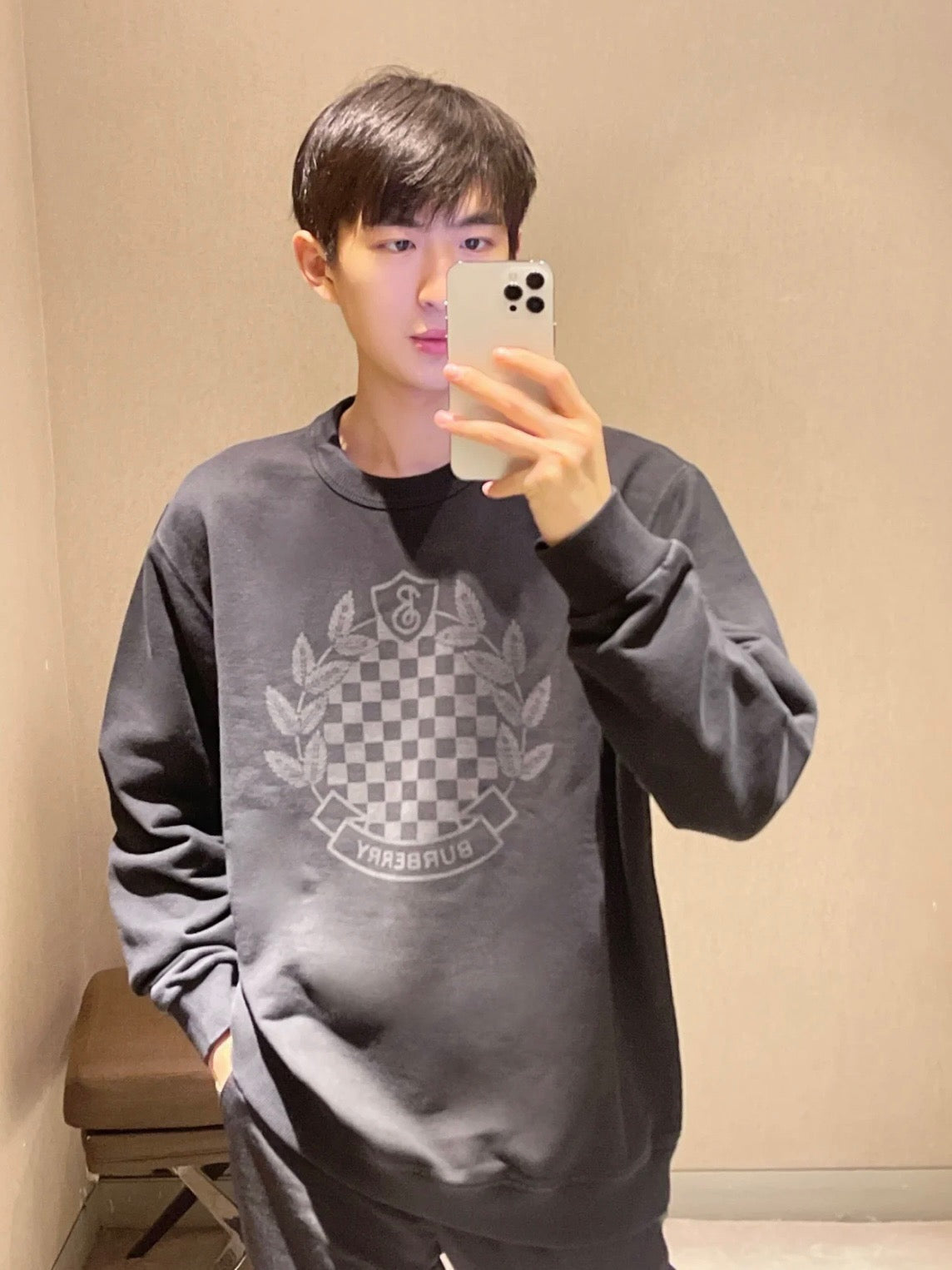 Black Cotton Tonal Print Crewneck - Men's