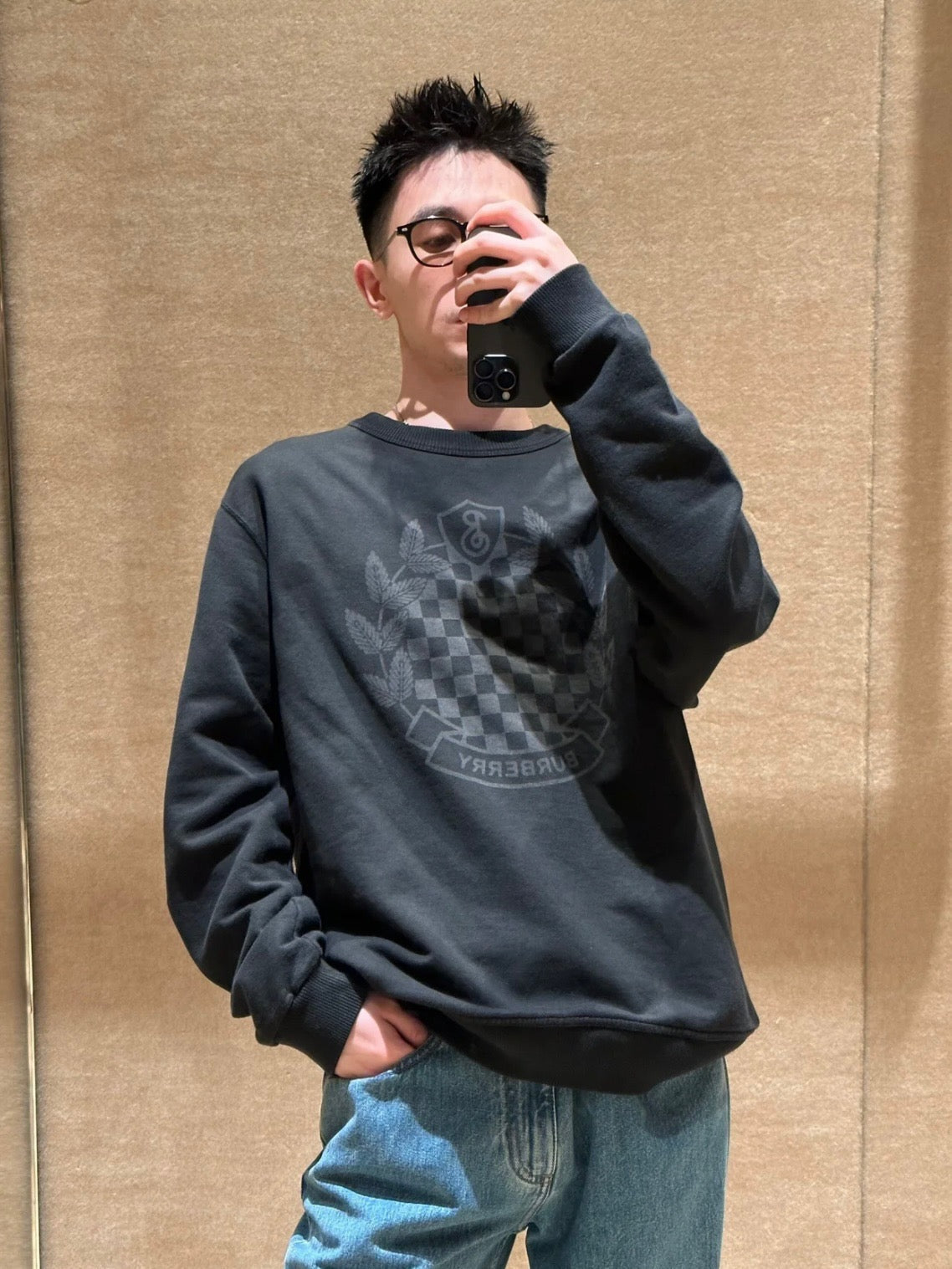 Black Cotton Tonal Print Crewneck - Men's