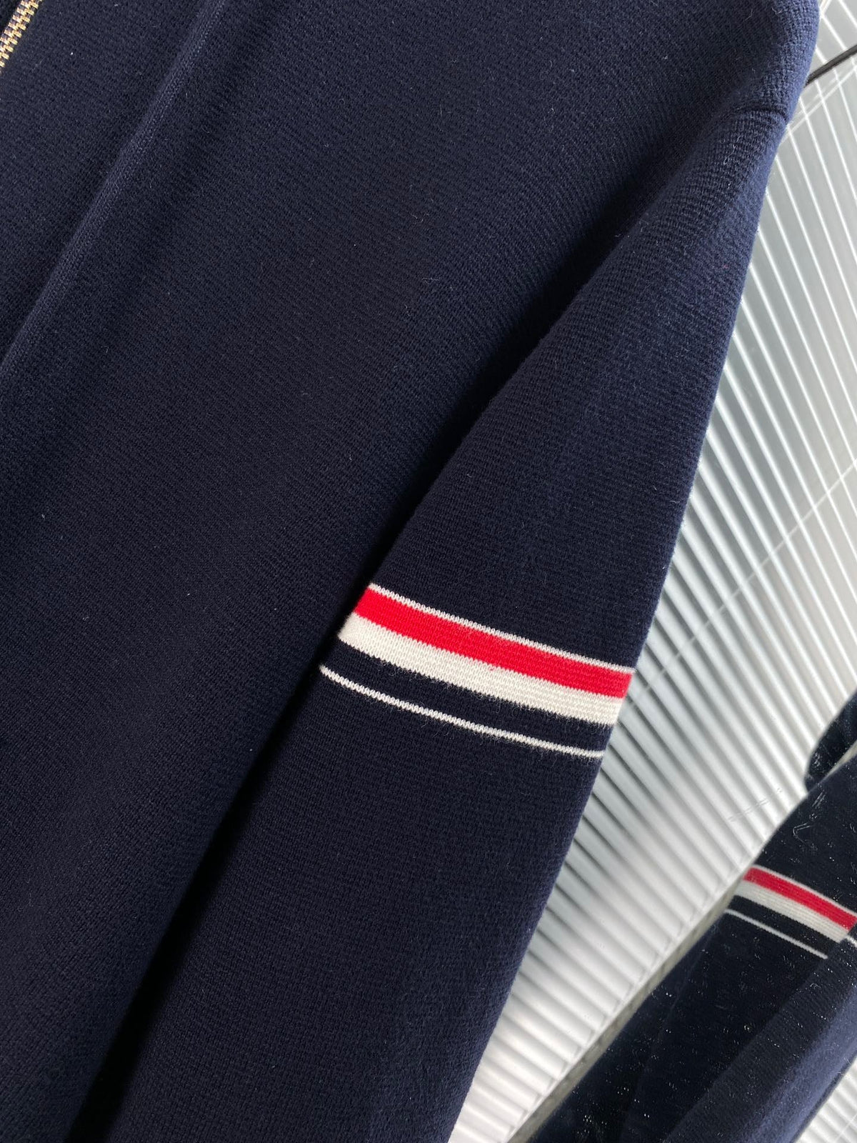 Navy Cotton Striped Sleeve Zip-Through - Men's
