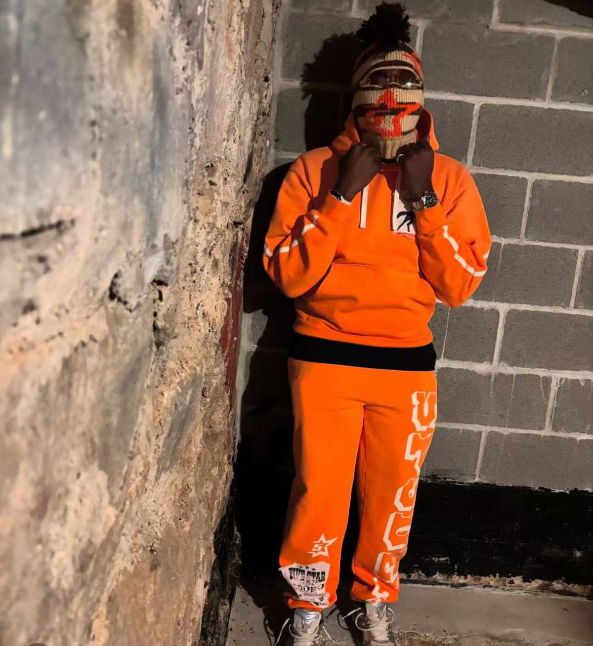 Orange Cotton Text Print Joggers - Men's
