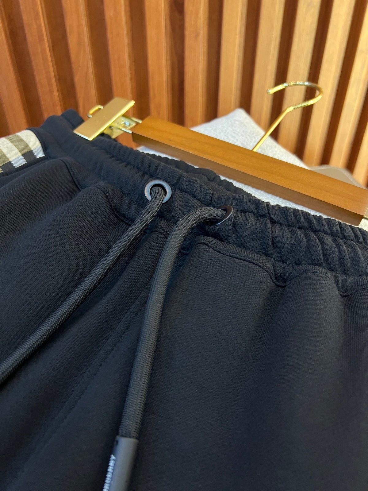 Black Cotton Check Panel Joggers - Men's