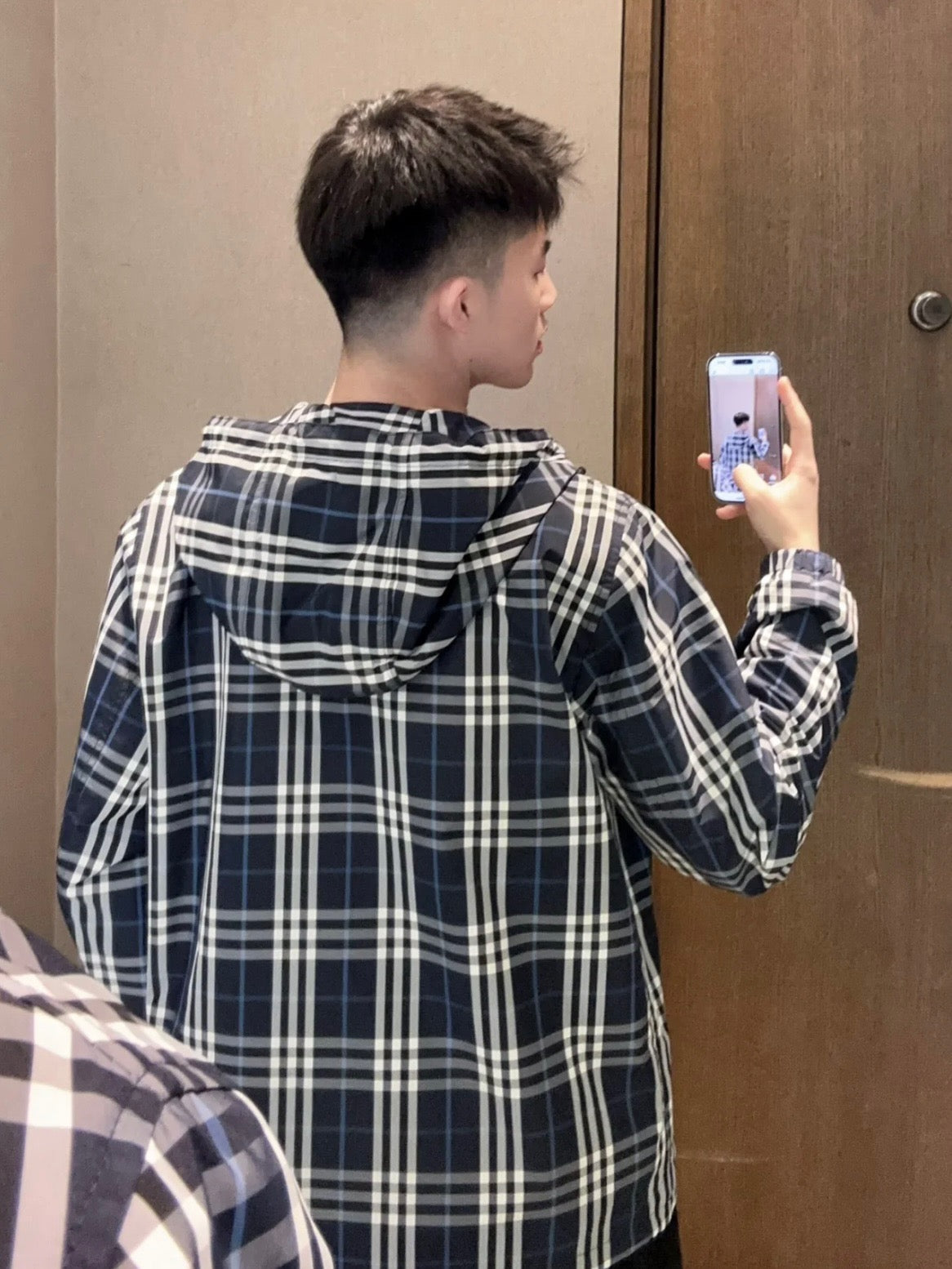 Navy Cotton Check Hooded - Men's