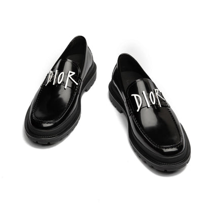 Black Leather Text Strap Loafer - Men's