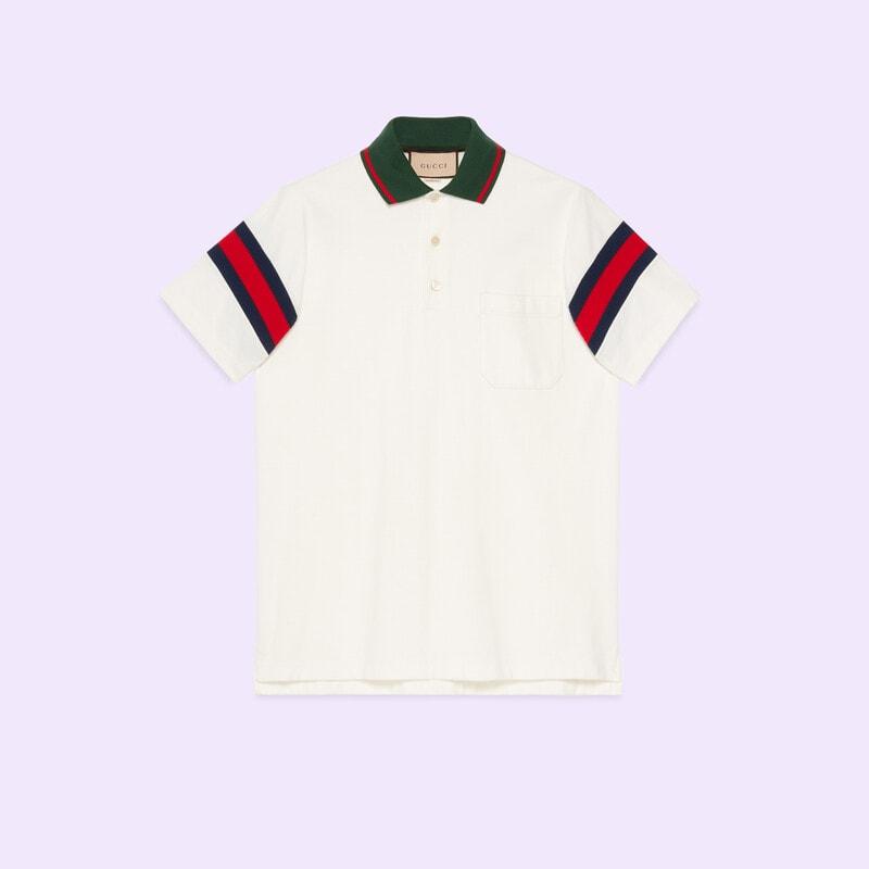 Cotton jersey polo with Web – a cotton jersey polo shirt featuring a blue and red Web around the sleeves – LUX VERSE Luxury Designer Fashion Outlet