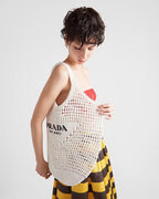 Crochet tote bag – raffia-effect yarn Crochet workmanship Embroidered lettering logo on the front – LUX VERSE Luxury Designer Fashion Outlet