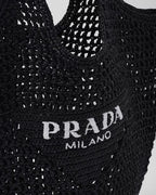 Crochet tote bag – raffia-effect yarn Crochet workmanship Embroidered lettering logo on the front – LUX VERSE Luxury Designer Fashion Outlet