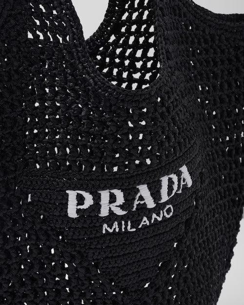 Crochet tote bag – raffia-effect yarn Crochet workmanship Embroidered lettering logo on the front – LUX VERSE Luxury Designer Fashion Outlet