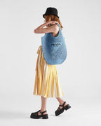 Crochet tote bag – raffia-effect yarn Crochet workmanship Embroidered lettering logo on the front – LUX VERSE Luxury Designer Fashion Outlet