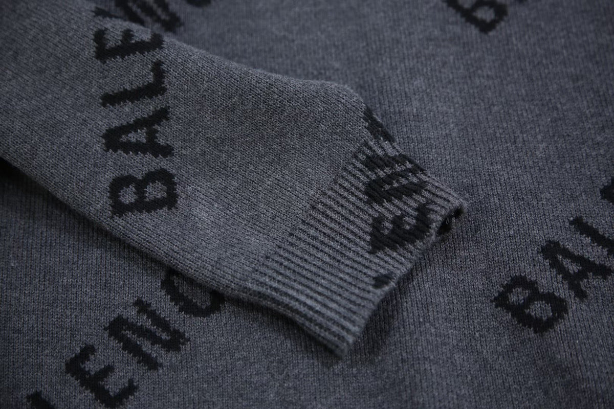 Grey Jacquard Text Print Crewneck - Men's