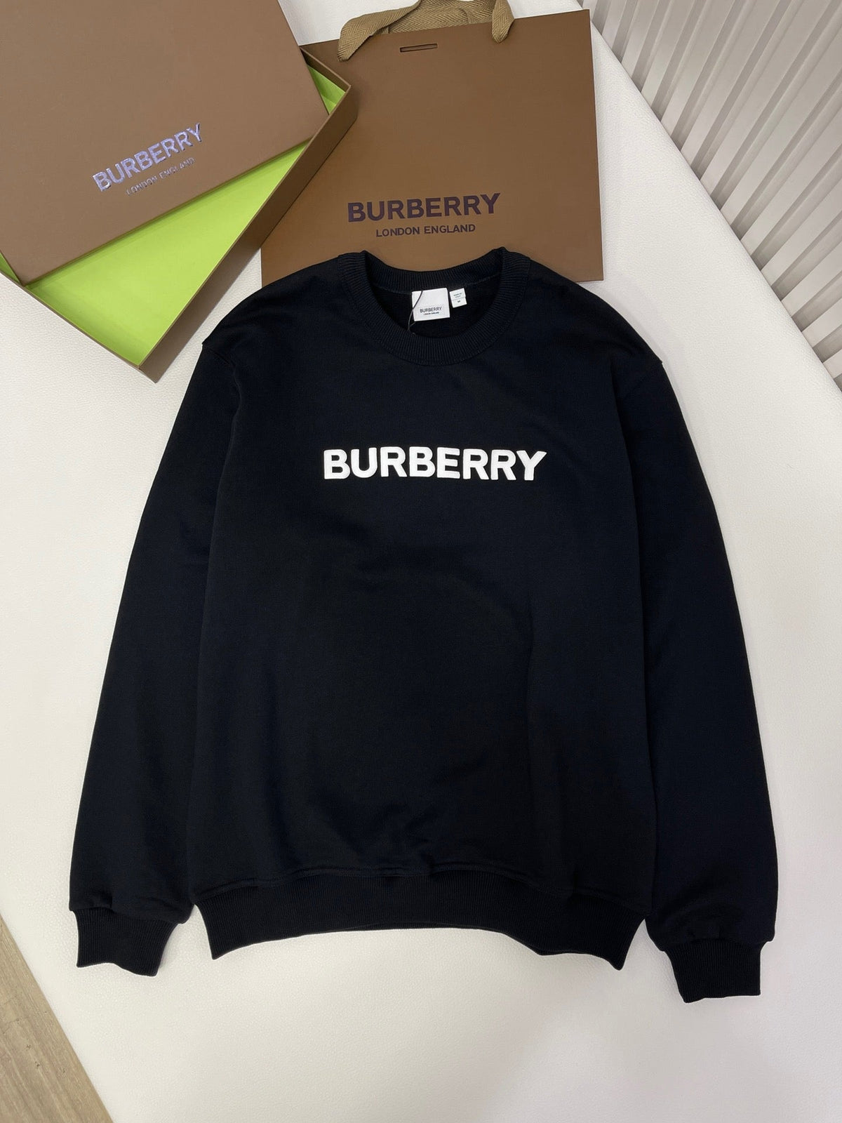 Black Cotton White Text Crewneck - Men's