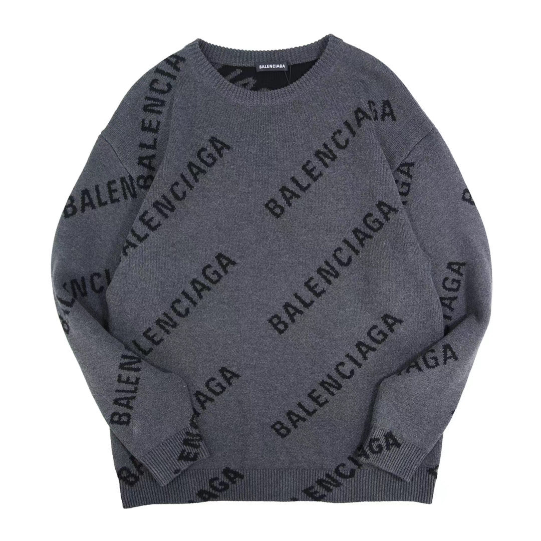 Grey Jacquard Text Print Crewneck - Men's