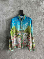 Blue Landscape Print Silk Shirt - Men's