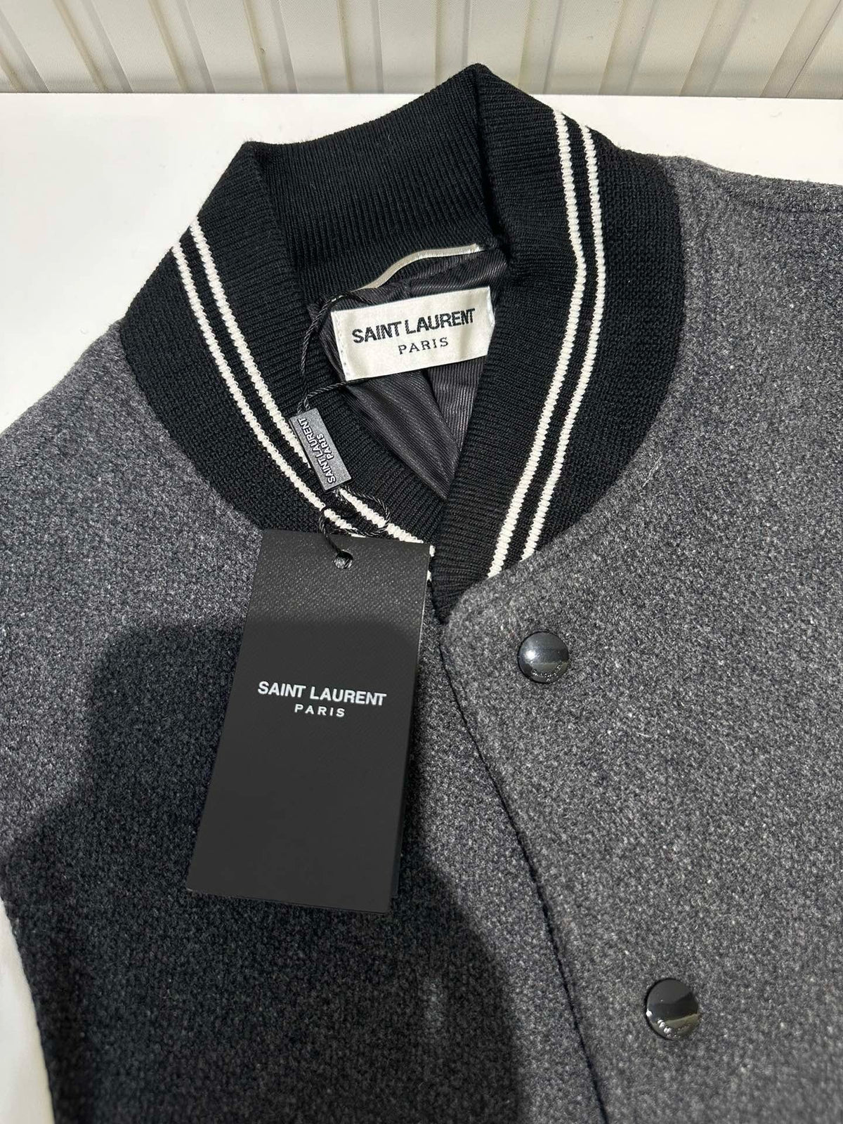 Navy Wool Striped Trim Varsity - Men's