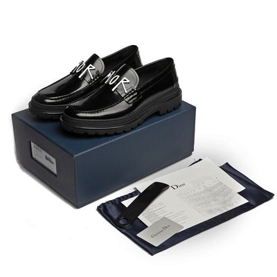 Black Leather Text Strap Loafer - Men's