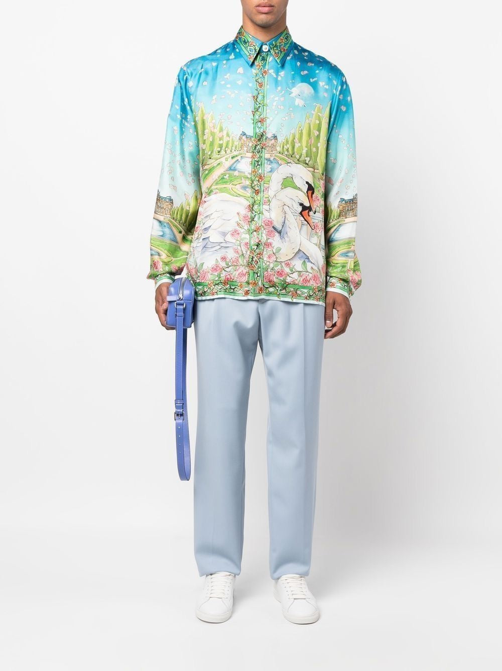 Blue Landscape Print Silk Shirt - Men's