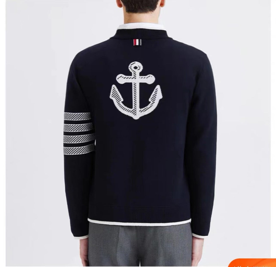 Navy Wool Four-Bar Cardigan - Men's