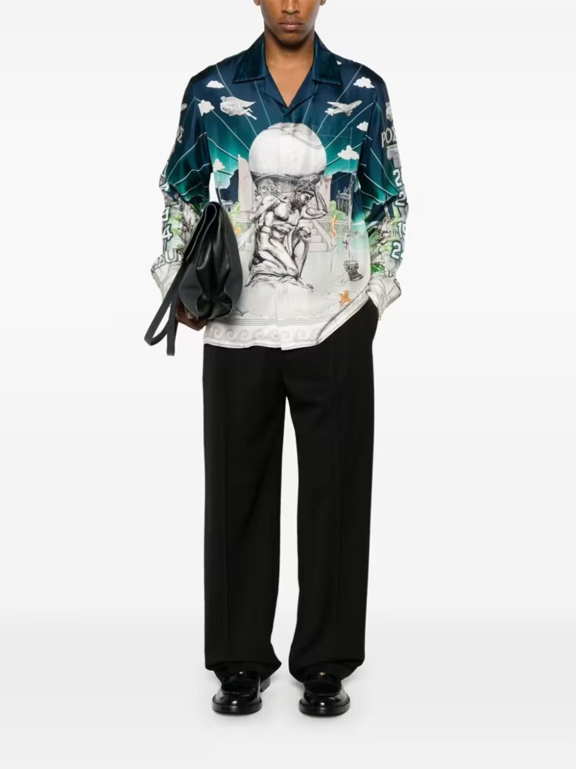 Navy Scenic Print Silk Shirt - Men's