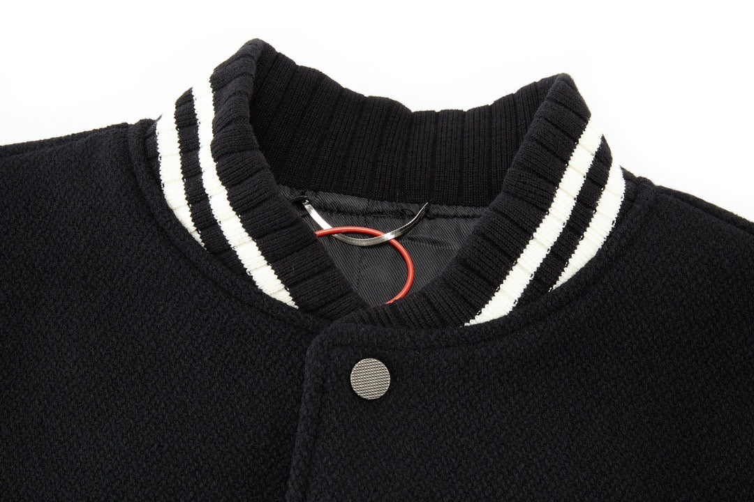 Black Wool Striped Trim Varsity - Men's