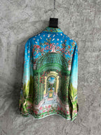 Blue Landscape Print Silk Shirt - Men's