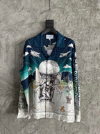 Navy Scenic Print Silk Shirt - Men's