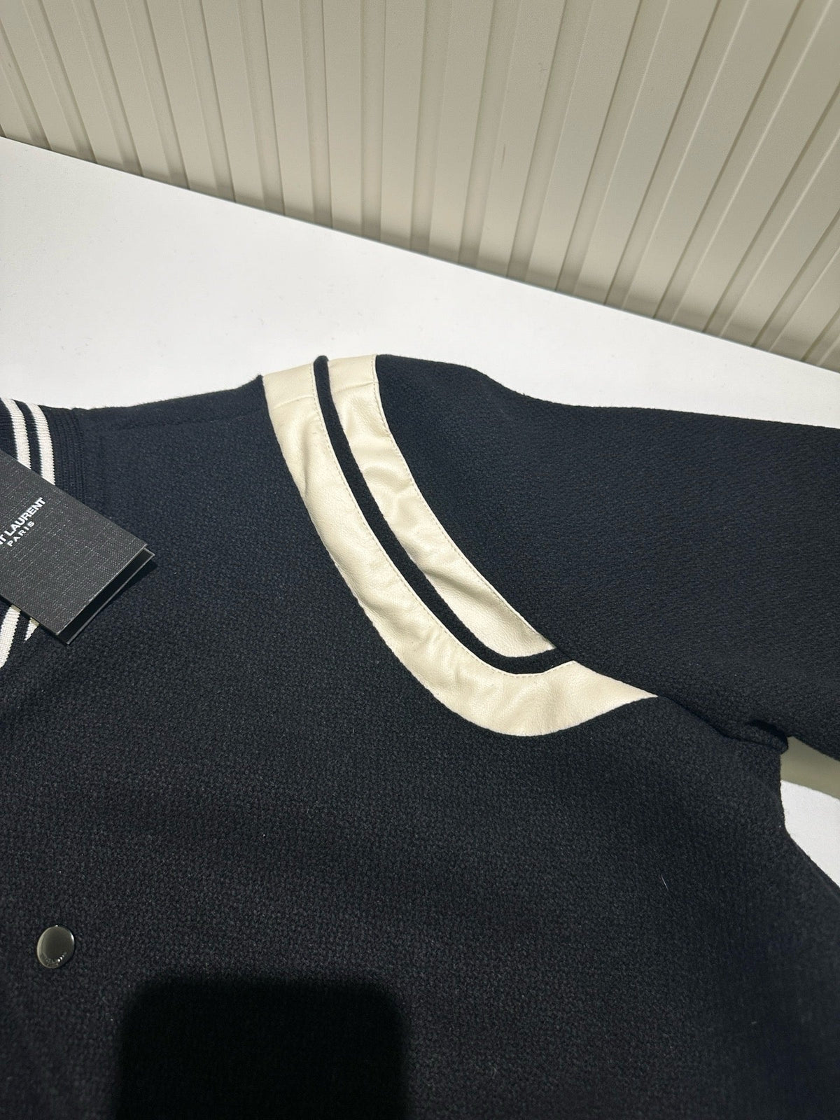 Navy Wool Striped Trim Varsity - Men's