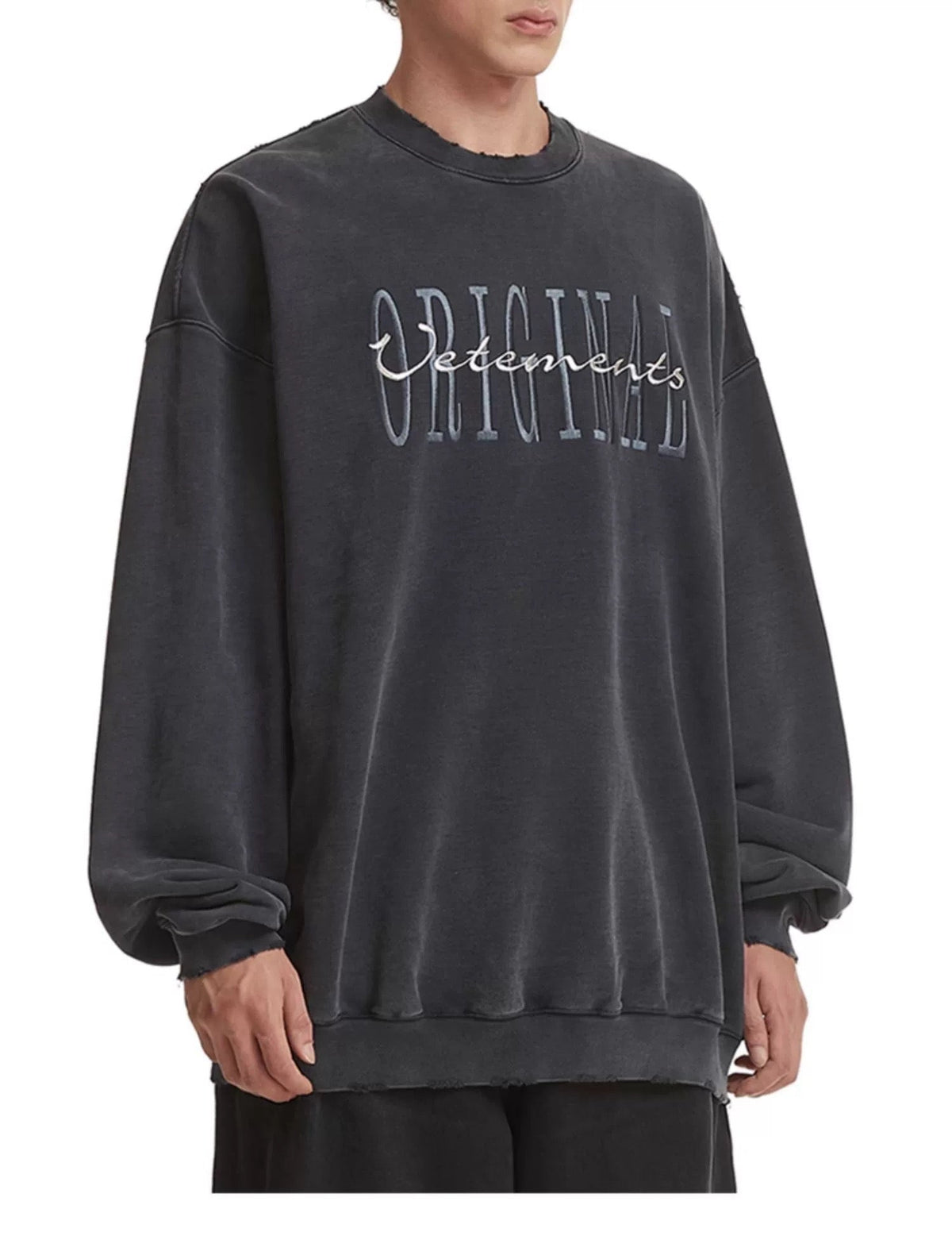 Black Cotton Washed Text Crewneck - Men's