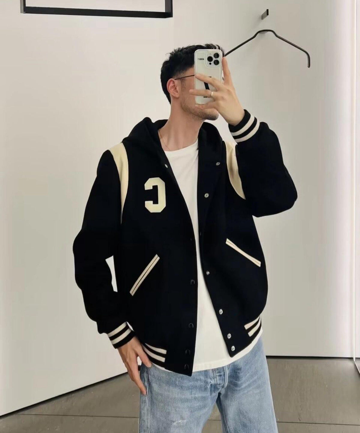 Black Wool Shoulder Panel Varsity - Men's