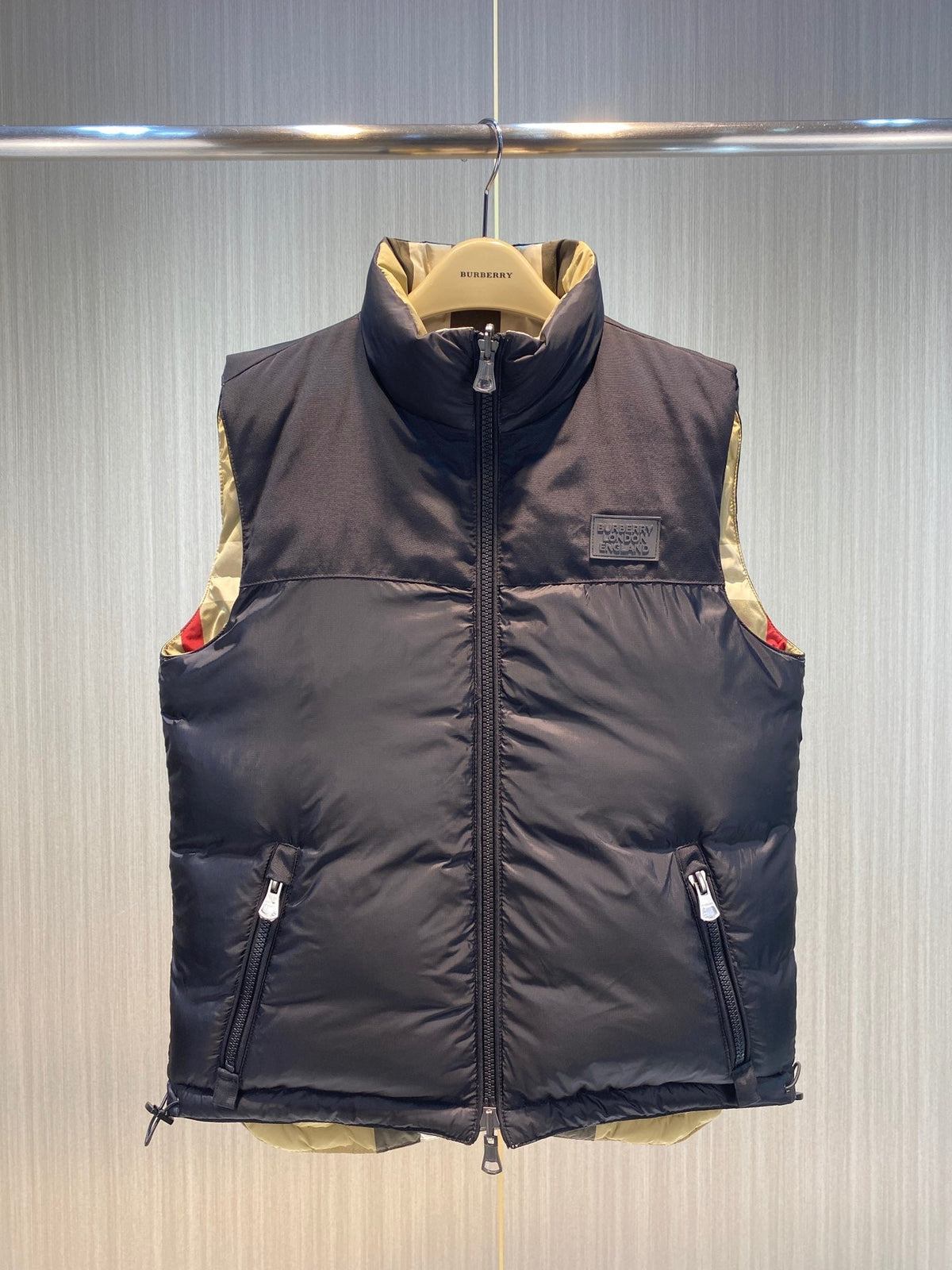 Beige Nylon Check Gilet - Men's
