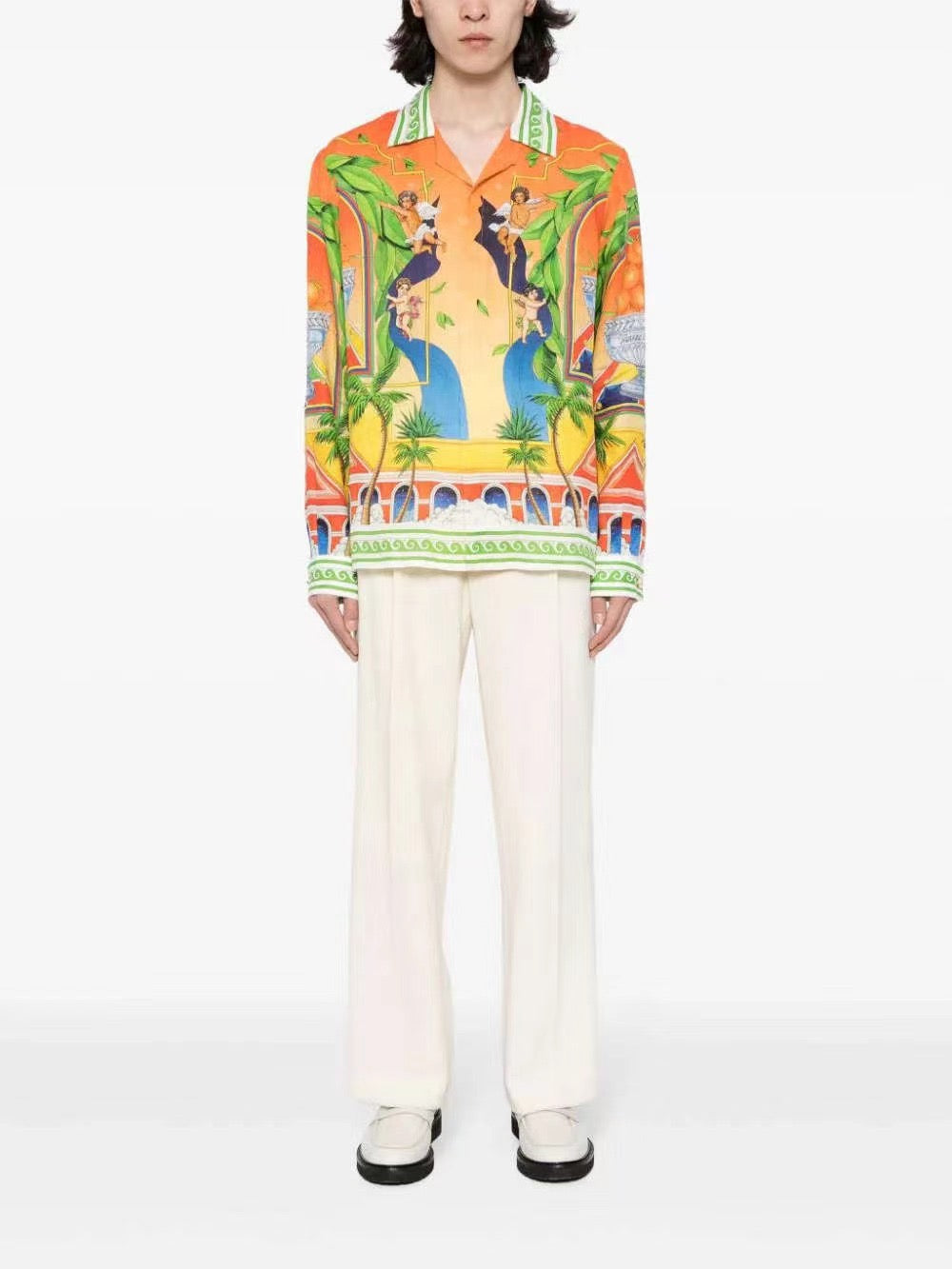 Orange Tropical Print Silk Shirt - Men's