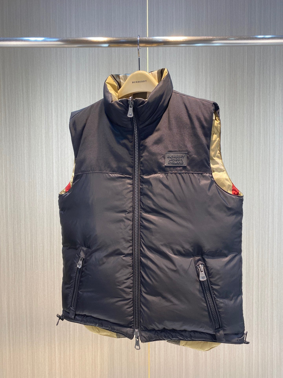 Beige Nylon Check Gilet - Men's