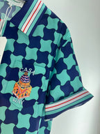 Teal Checkerboard Print Silk Shirt - Men's
