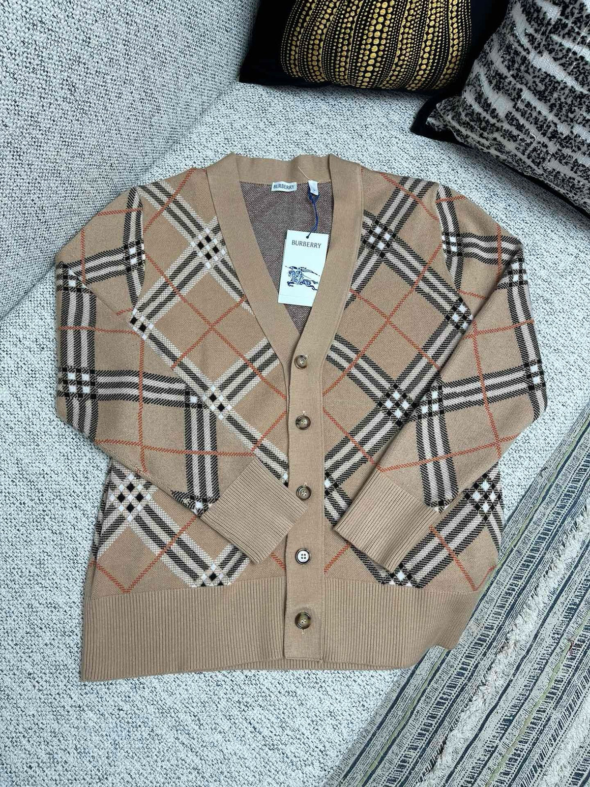 Check Knit Cardigan Camel - Men's