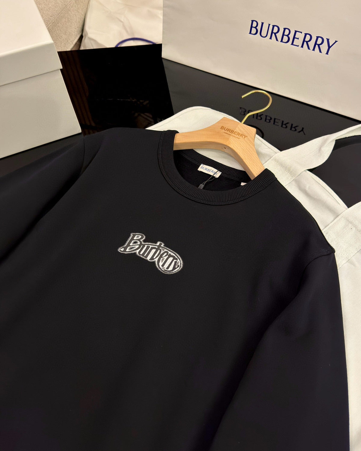Black Cotton Chest Logo Crewneck - Men's