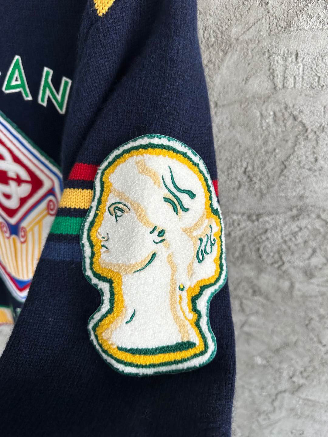 Navy Wool Crest Intarsia Crewneck - Men's