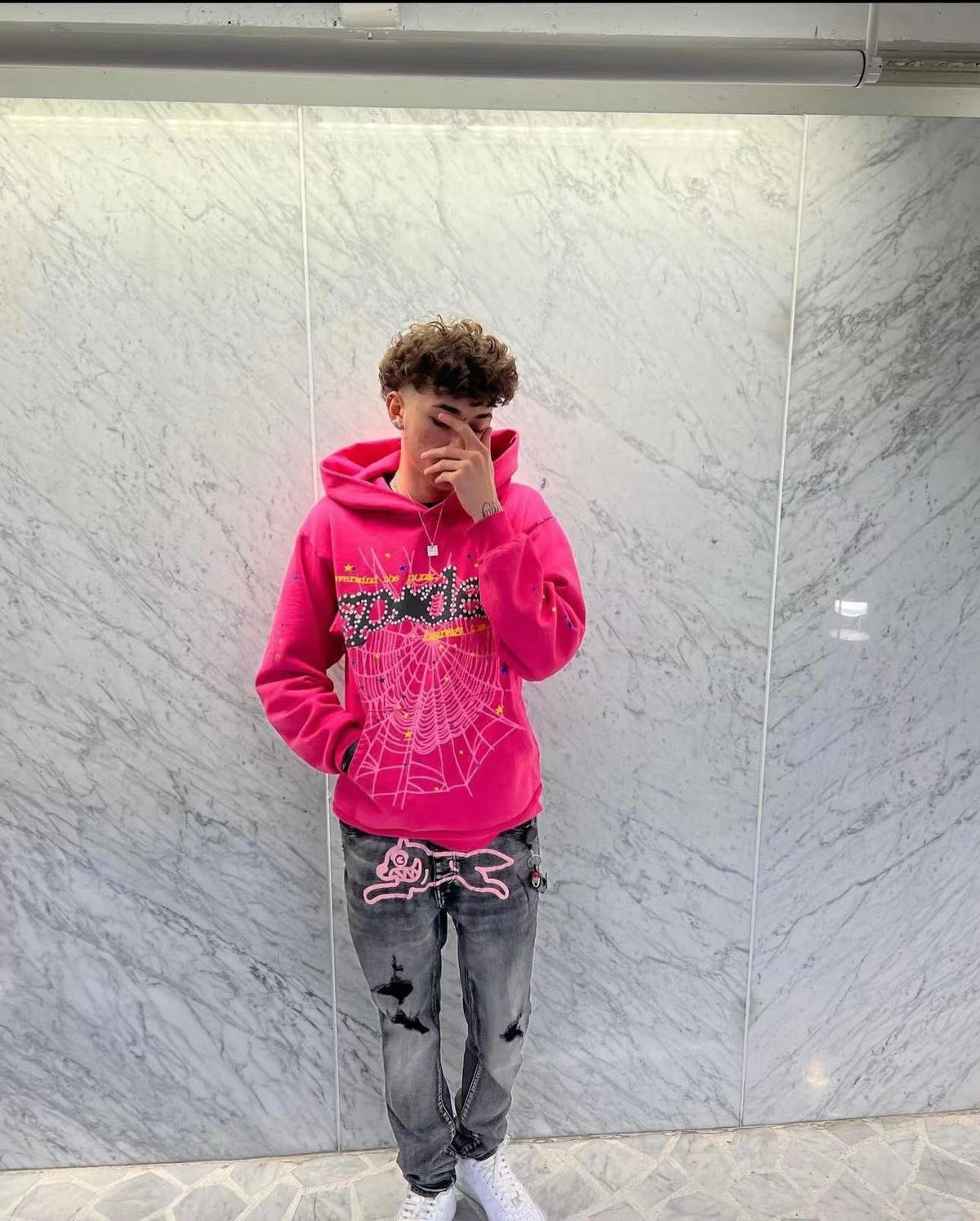 Pink Cotton Web Graphic Pullover - Men's