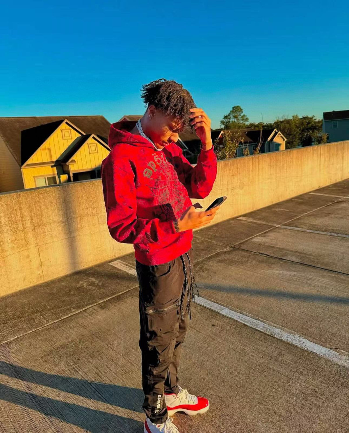 Red Cotton Web Print Joggers - Men's