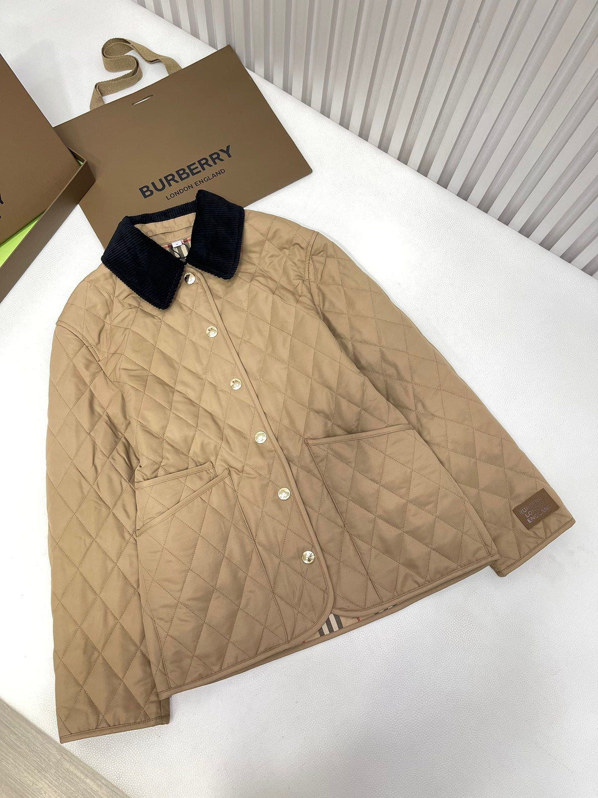 Beige Nylon Contrast Collar Quilted - Men's