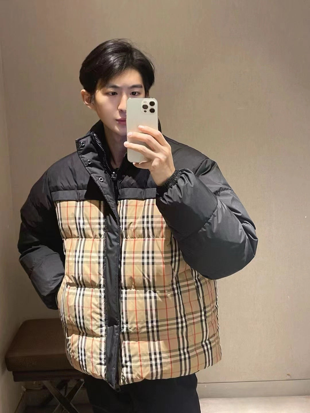 Black and Khaki Puffer Jacket - Men's