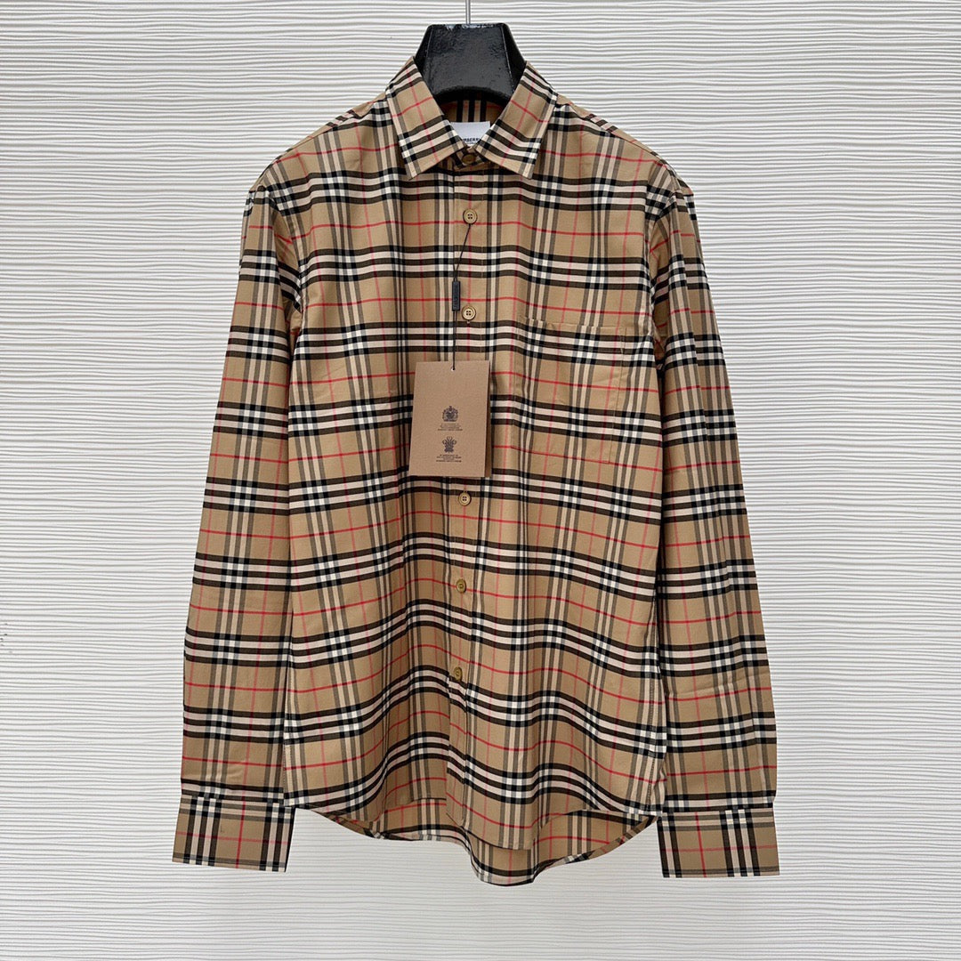 Beige Cotton Vintage Check Long-Sleeve - Men's