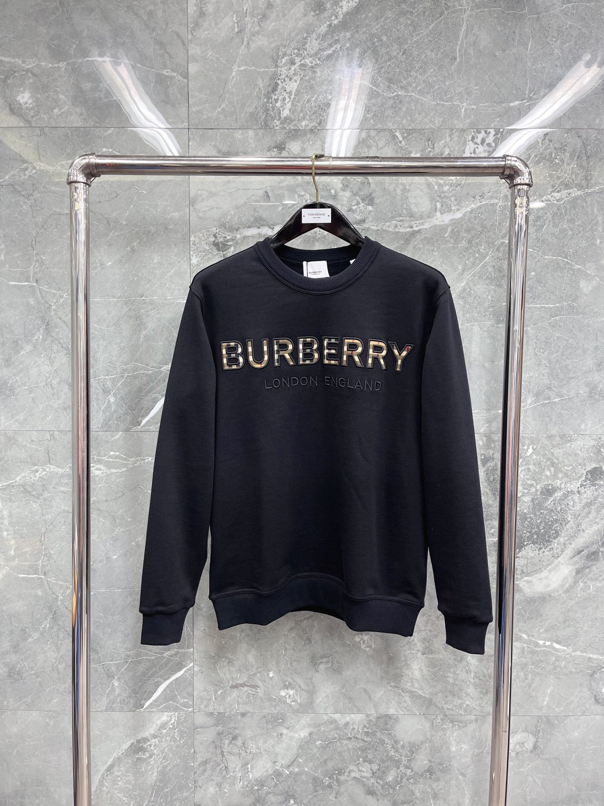 Navy Cotton Embossed Text Crewneck - Men's