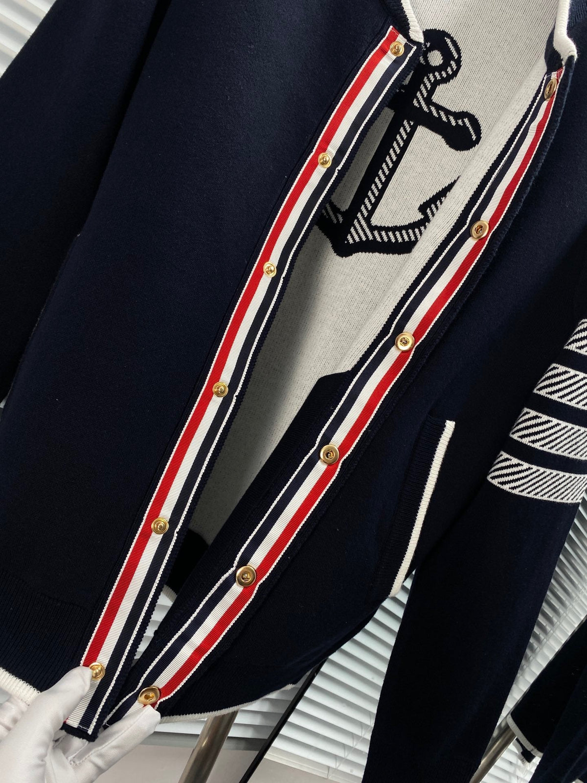 Navy Wool Four-Bar Cardigan - Men's